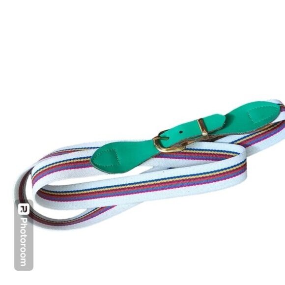 Vintage 80s 90s Rainbow Striped Canvas Leather Belt - Picture 1 of 8